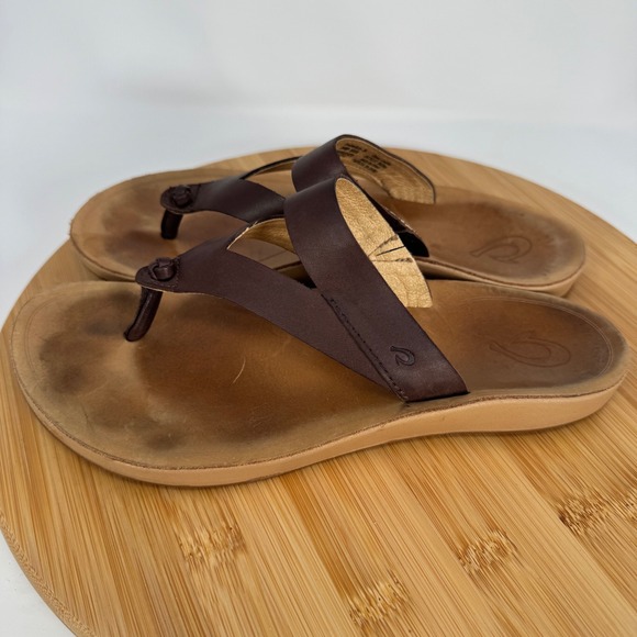 Olukai Kaekae Ko'o Brown Leather Flip Flop Sandals Womens 8 20409-SAGS - Picture 9 of 10